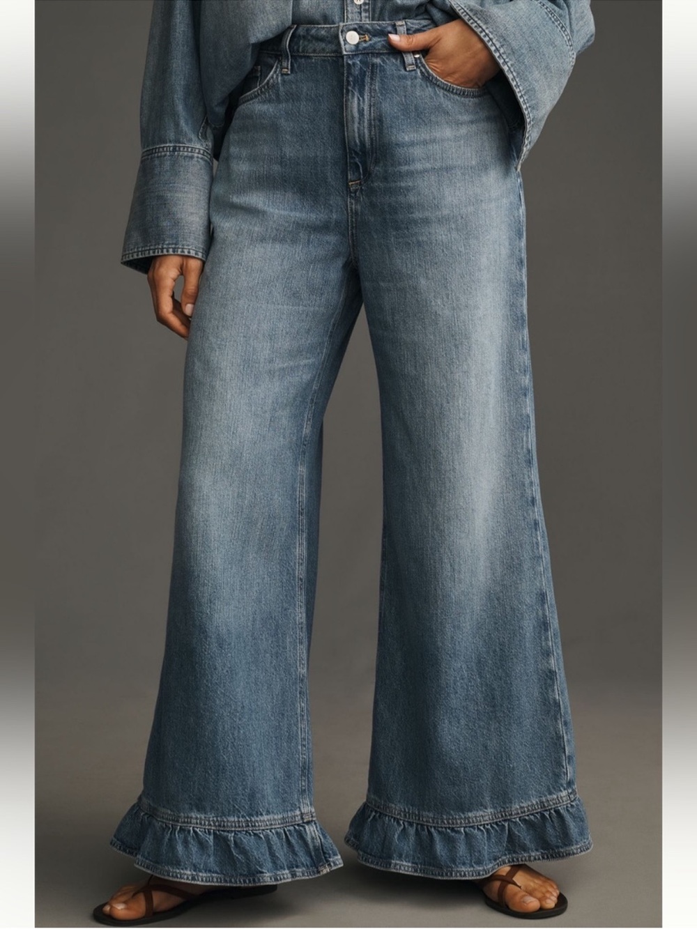 Anthropologie Pilcro Solene Ruffle Hem Wide-Leg Jeans Est. 32 Short New